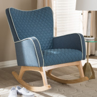 Baxton Studio BBT5305-Blue-RC Zoelle Mid-Century Modern Blue Fabric Upholstered Natural Finished Rocking Chair